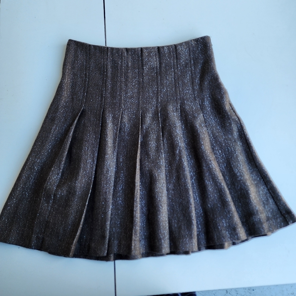 To The Max Brown Tweed Wool Blend A-line Pleated Lined Skirt Metallic Glitter 4